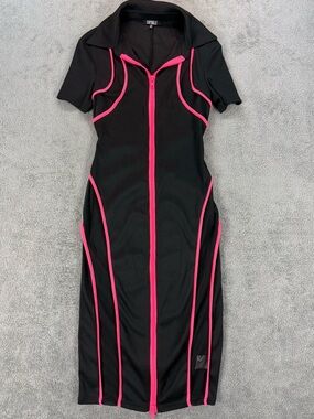 Capsulle Black Zip Front Bodycon Midi Dress Neon Pink Piping Ribbed Y2K Sporty